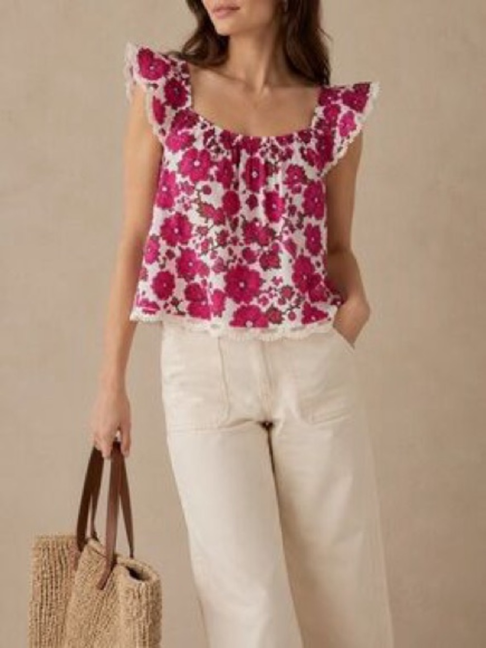 Jennifer & Grace Floral Flutter Sleeve Top With Crochet Trim